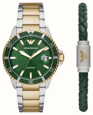 Emporio Armani Men's Giftset | Green Dial | Two Tone Bracelet | Green Leather Bracelet AR80063SET