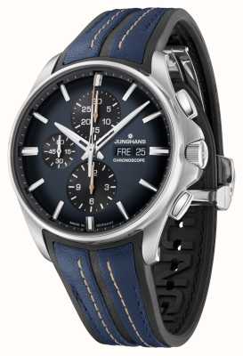 Junghans Meister S Chronoscope (English Date) | Blue Black Dial | Black Rubber Strap Blue Leather Inlay 27/4227.00