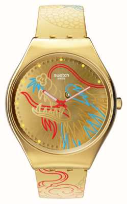 Swatch DRAGON IN GOLD (38mm) Gold Patterned Dial / Gold Patterned Silicone Strap SYXZ104