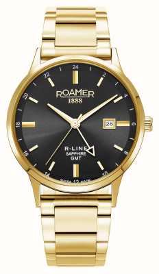 Roamer R-Line GMT (43mm) Black Dial / Interchangeable Gold Stainless Steel Bracelet and Black Leather Strap 990987 48 85 05