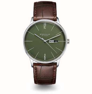 STERNGLAS Mens Berlin Brown Leather Strap Olive Green Dial S01-BE08-HE05