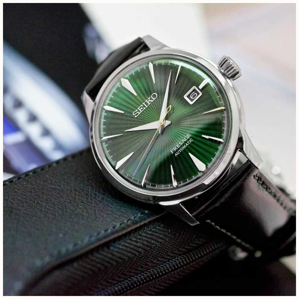 Seiko Presage Automatic Green Dial 'Cocktail Time' Brown Leather Strap  SRPD37J1 - First Class Watches™ HKG
