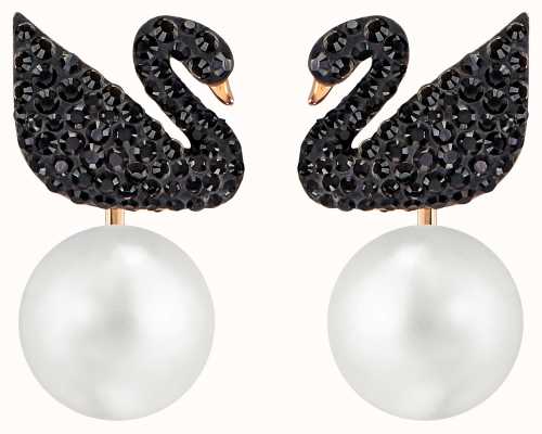 Swarovski Iconic Black Crystal Swan Pearl Rose Gold Earrings 5193949