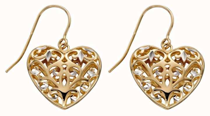 Elements Gold 9ct Yellow Gold White Gold Detail Filigree Heart Drop Earrings GE2315