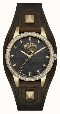 Harley Davidson Women's Shaped Cuff | Brown Leather Strap | Black Dial | 77L105