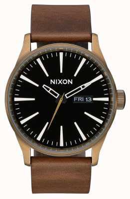 Nixon Sentry Leather | Brass / Black / Brown | Brown Leather Strap | Black Dial A105-3053-00