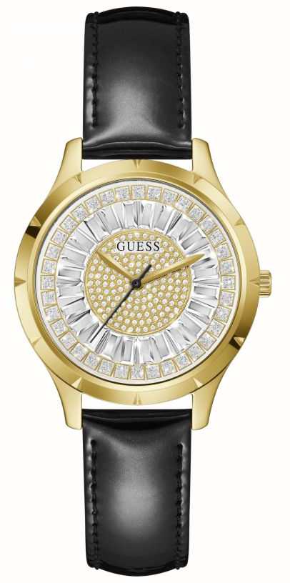Guess GLAMOUR Women's Crystal Dial Black Leather Strap Watch - First Class Watches™ HKG