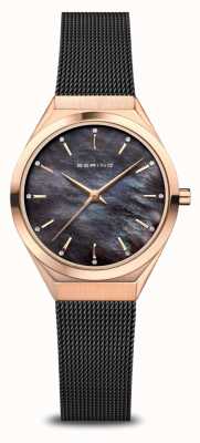 Bering Ultra Slim | Black Mother Of Pearl Dial | Black Milanese Strap | Polished Rose Gold Stainless Steel Case 18729-166