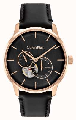 Calvin Klein Men's Automatic Black and Rose Gold Watch Leather Strap 25200074