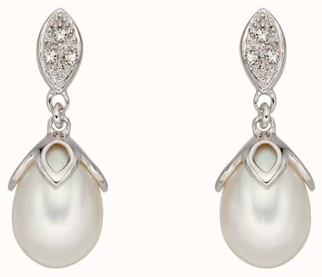 Elements Silver 9ct White Gold Diamond And Pearl Drop Earrings GE2223W