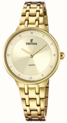 Festina Ladies Gold-Toned Dial Watch W/CZ Set & Steel Bracelet F20601/2