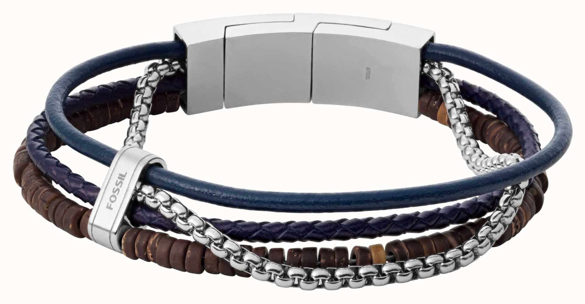 Multi-Strand Silver-Tone Steel and Brown Leather Bracelet - JF03323040 -  Fossil