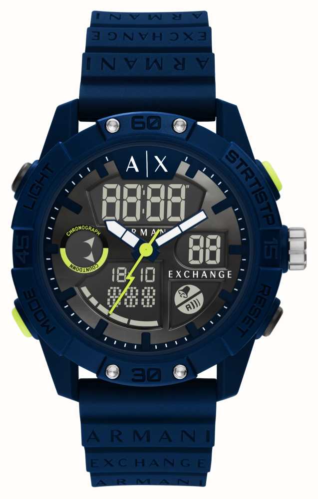 Armani Exchange Dual Display Lightning Bolt Dial | Blue Rubber